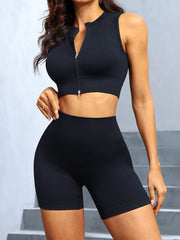 Two Piece Zipper Tank Top High Waist Shorts Set