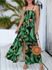 Spaghetti Straps Floral Print High Slit Maxi Dresses