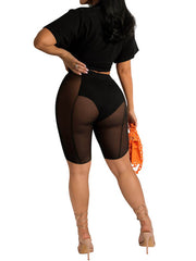 Crew Neck Crop Top & Mesh Shorts