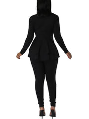 V Neck Long Sleeve Ruffle Tops & Bodycon Long Pants