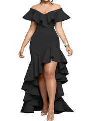 Vestidos largos con abertura y dobladillo irregular con volantes y hombros descubiertos