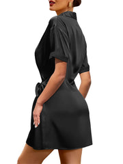 Revers Kurzarm Riemchen High Waist Shirt Kleider