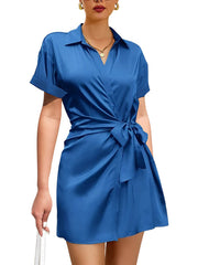 Revers Kurzarm Riemchen High Waist Shirt Kleider