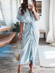 Short Sleeves Solid Color Ruched Maxi Dresses