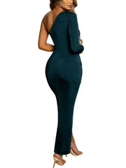 One-Shoulder-Midikleid aus Samt mit Rüschen, Kordelzug und Schlitz