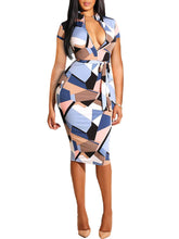 V Neck Geometric Print Short Sleeve Bodycon Midi Dresses