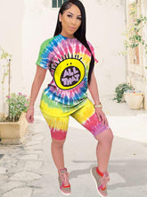 Two Piece Tie dyed Printed Shirts Bodycon Shorts Outfits