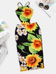 Halter Spaghetti Strap Sunflower Print Bodycon Dresses
