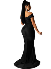 Vestidos largos fruncidos con abertura y escote en V y hombros descubiertos