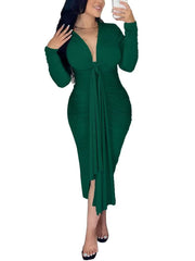 Vestidos midi ajustados con mangas largas y lazo
