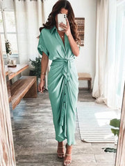 Short Sleeves Solid Color Ruched Maxi Dresses