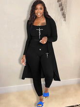 Cárdigan de tres piezas, top corto, pantalones largos