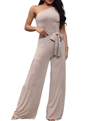 Sleeveless One Shoulder Belted Rompers