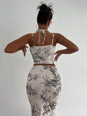Vintage Floral Print Tops & Midi Skirt Set