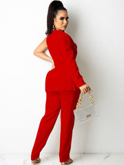 Two Piece One Shoulder Long Sleeve Blazer Belted Pants Suit
