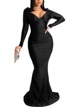 Vestidos largos fruncidos con escote en V y manga larga sin espalda