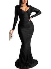 Vestidos largos fruncidos con escote en V y manga larga sin espalda