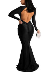 Vestidos largos fruncidos con escote en V y manga larga sin espalda