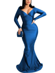 Vestidos largos fruncidos con escote en V y manga larga sin espalda