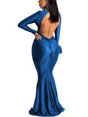 Vestidos largos fruncidos con escote en V y manga larga sin espalda