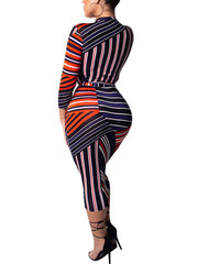 Long Sleeve Striped Color Block Midi Dresses