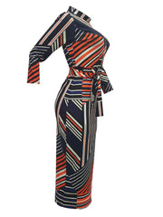 Long Sleeve Striped Color Block Midi Dresses