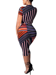 Short Sleeve Striped Print Tie Waist Bodycon Midi Dresses