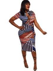 Short Sleeve Striped Print Tie Waist Bodycon Midi Dresses