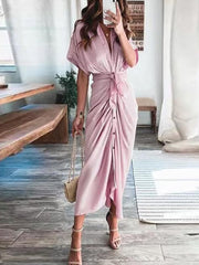 Short Sleeves Solid Color Ruched Maxi Dresses
