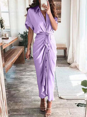 Short Sleeves Solid Color Ruched Maxi Dresses