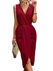 Vestidos midi con abertura, cintura alta, fruncidos y cuello en V sin mangas