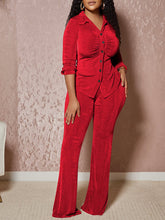 Conjunto de camisa fruncida de manga larga y pantalones largos acampanados