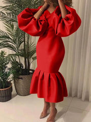 Bodycon-Midikleid mit langen Laternenärmeln und Fischschwanz