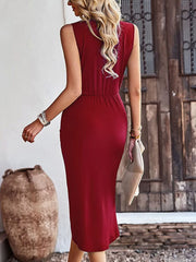 Vestidos midi con abertura, cintura alta, fruncidos y cuello en V sin mangas