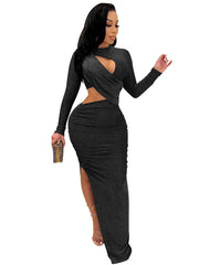 Tiefer V-Ausschnitt, figurbetontes Maxikleid mit seitlichem Schlitz und Glitzer