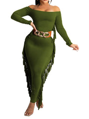 Vestidos largos con borlas lisas y hombros descubiertos