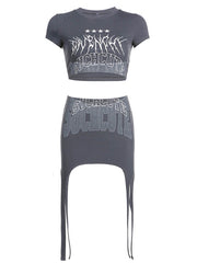 Two Piece Short Sleeve Printed Crop Top & Skirt