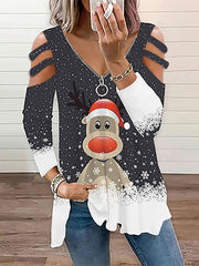 Tops navideños de manga larga con estampado de alce en tallas grandes