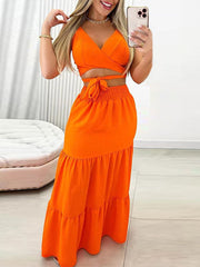 Conjunto de falda larga acampanada de cintura alta con tirantes finos