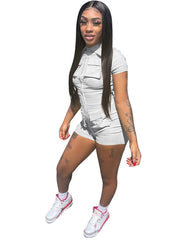 Zip Up Short Sleeve Casual Rompers