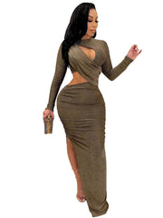 Tiefer V-Ausschnitt, figurbetontes Maxikleid mit seitlichem Schlitz und Glitzer