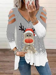 Tops navideños de manga larga con estampado de alce en tallas grandes