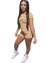 Zip Up Short Sleeve Casual Rompers