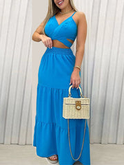 Conjunto de falda larga acampanada de cintura alta con tirantes finos