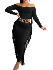 Vestidos largos con borlas lisas y hombros descubiertos