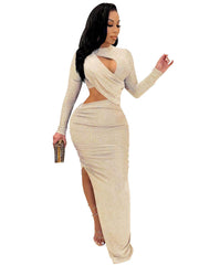 Tiefer V-Ausschnitt, figurbetontes Maxikleid mit seitlichem Schlitz und Glitzer
