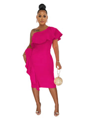 Vestidos midi de color liso con abertura y volantes sin mangas y hombros descubiertos