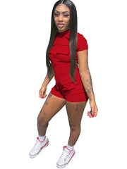 Zip Up Short Sleeve Casual Rompers