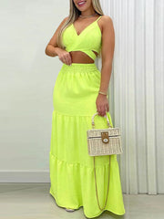 Conjunto de falda larga acampanada de cintura alta con tirantes finos