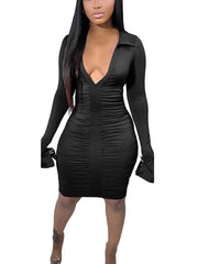 V-Ausschnitt Revers Geraffte Pack Hip Minikleider